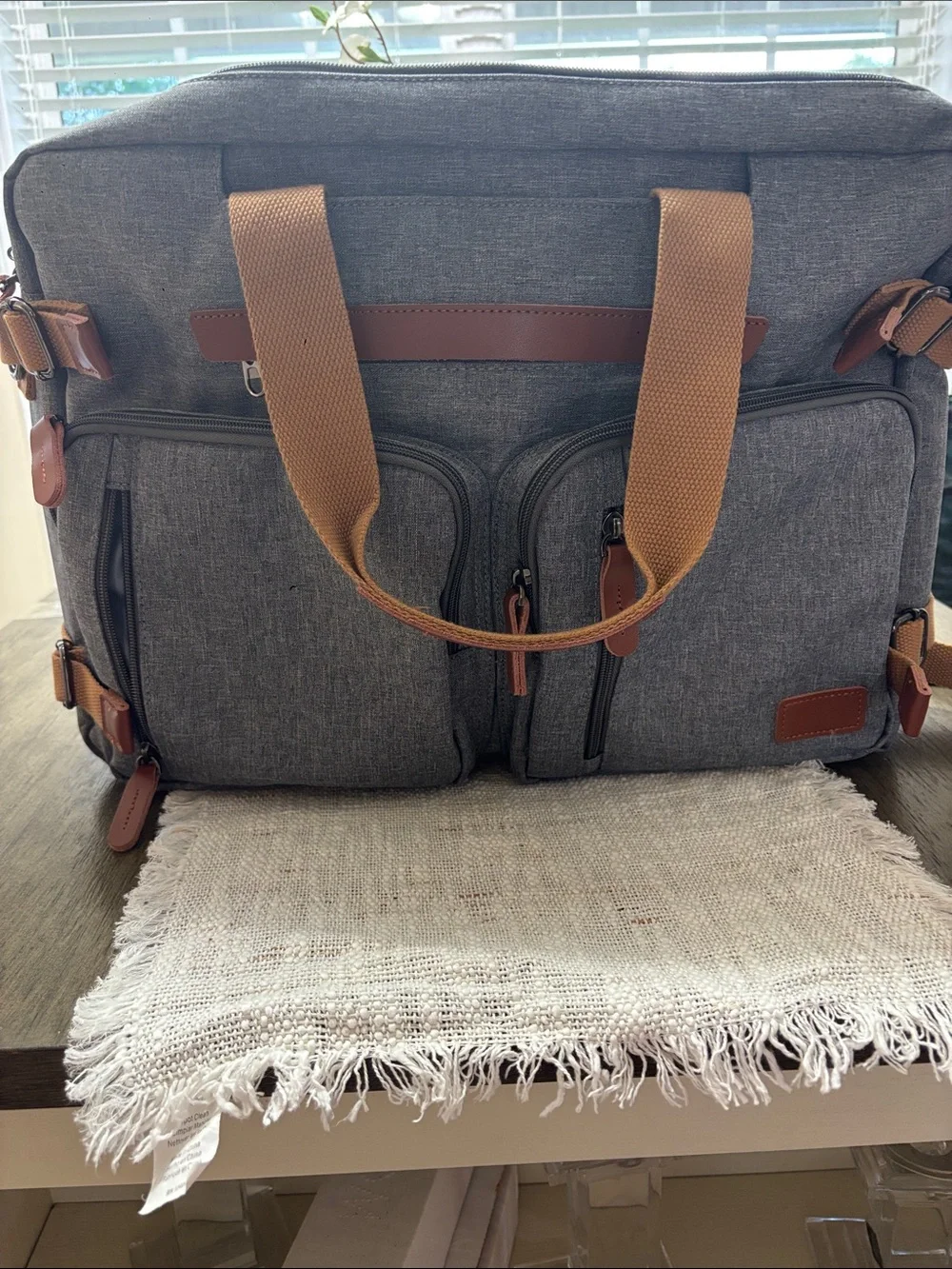 Gray Canvas Weekender Bag with Brown Accents